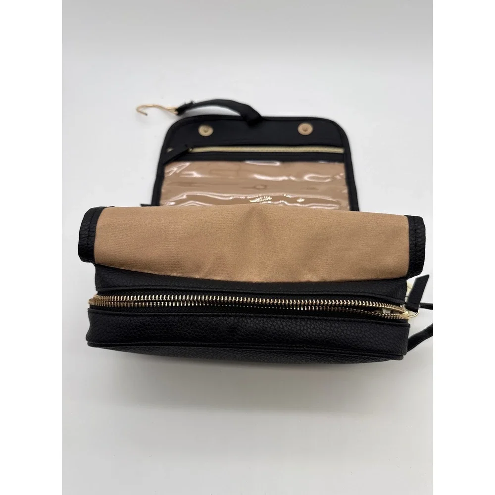 Trina Turk Hanging Toiletry Bag Black Pebbled Faux Leather Travel Organizer New